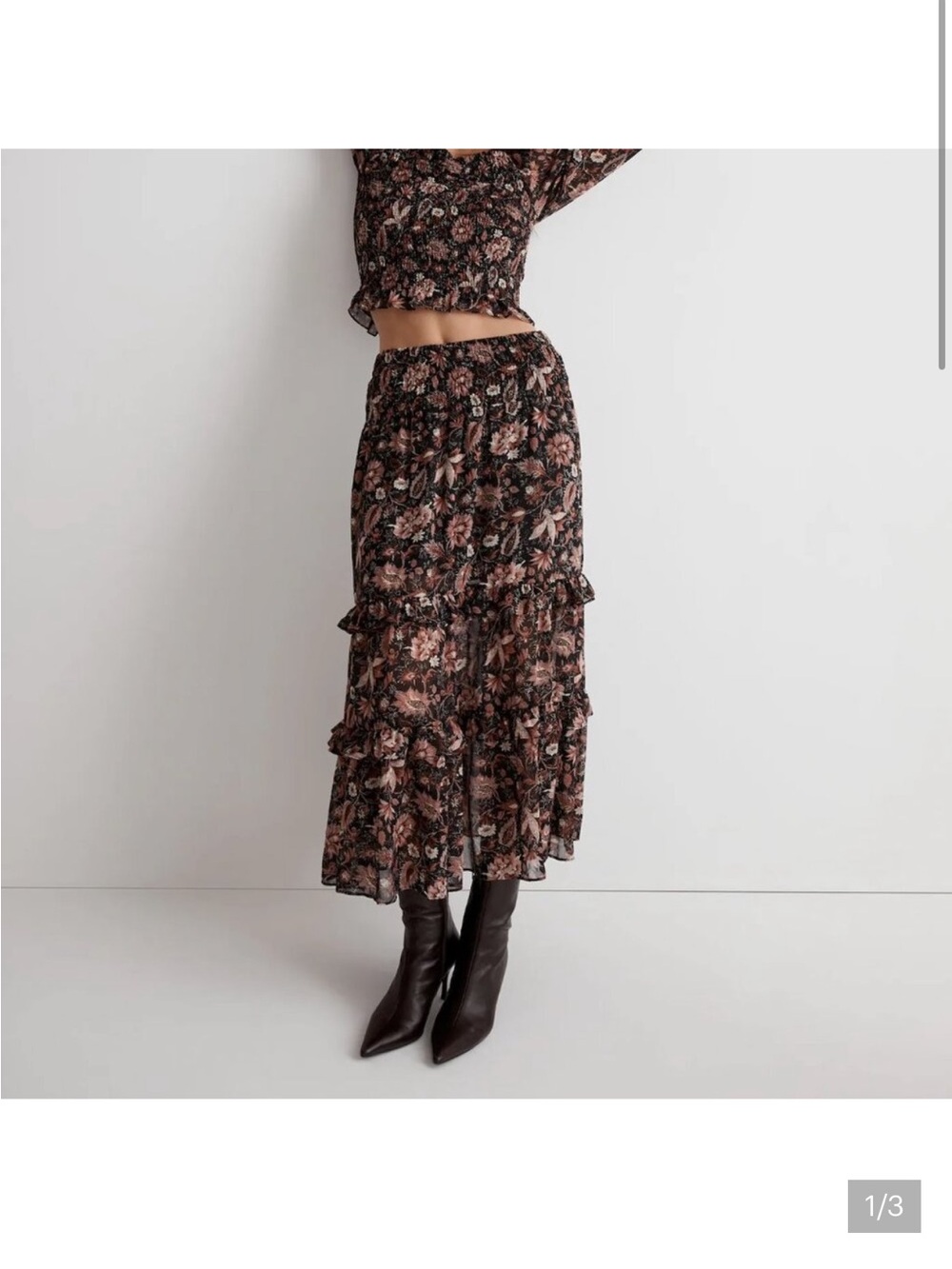 Madewell Black and Dusty Rose Floral Ruffle Tiered Midi Skirt